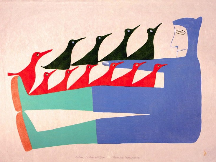 Jessie Oonark, My Dream of a Person with Birds, 45/50, 1981
Linocut & stencil, 24 x 37 in. (61 x 94 cm)
Printmaker: Magdalene¬†Ukpatiku¬†(1931-1999)
01856-1
