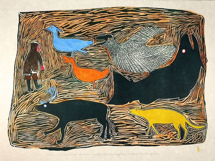 Marion Tu&#039;uluq, Creatures of the World, 32/40, 1987
Woodcut and stencil, 25 1/2 x 38 in. (64.8 x 96.5 cm)
Printmaker: Myraï¿½ï¿½Kukiiyautï¿½ï¿½(1929-2006)
01853-1