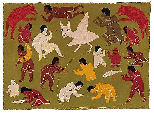 Victoria Mamguqsualuq, Fishing weir scene with winged spirit and wolves
stroud, felt and embroidery floss, 51 1/16 x 70 in. (130 x 178 cm)
This beautifully executed wall hanging is a tour de force. The bottom half shows Inuit spearing fish in a fishing weir, cleaning them, and carrying their catch home. The top half shows a fantasy hunt, featuring wolves and a mysterious winged spirit. Victoria Mamnguqsualuq, a distinguished Inuit textile artist in her own right, is the daughter of Jessie Oonark, the foremost Baker Lake artist.
01079-1