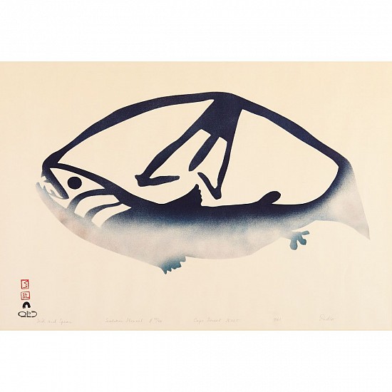 Pudlo Pudlat, Fish and spear, 40/50, 1961/20, 1961
Stencil, 19 x 25 in. (48.3 x 63.5 cm)
Printer:  Iyola Kingwatsiak, 1933-2000
SOLD
01639-1