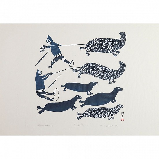 Kiakshuk, Hunters on sea ice, 2/50, 1967/6, 1967
Stonecut, 24 x 33 1/2 in. (61 x 85.1 cm)
Printer:  Eegyvudluk Pootoogook, 1931-1999
01635-1