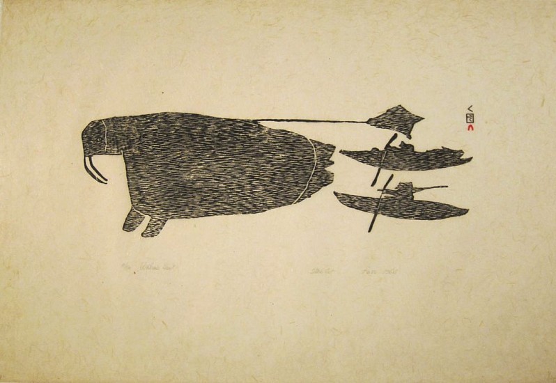 Parr, Walrus hunt, 10/50, 1964/59, 1964
Stonecut, 24 1/2 x 36 1/4 in. (62.2 x 92.1 cm)
Printmaker:  Lukta Qiatsuq, 1928-2004
SOLD
00576-1