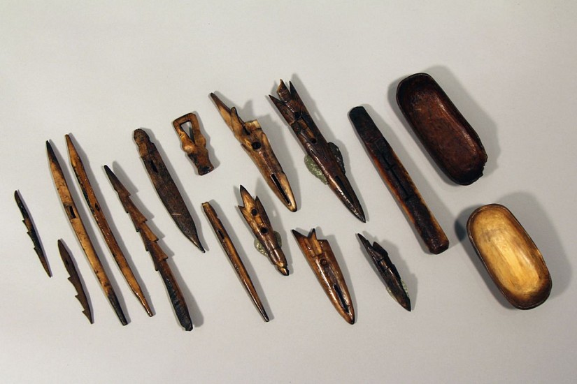OBS Anonymous, Collection of harpoon points, shafts, and tools, OBS
Not for sale.
A collection of Old Bering Sea tools, including harpoon points, socket pieces and ritual bowls, found together. These almost certainly were the tools of one hunter.
03160-2