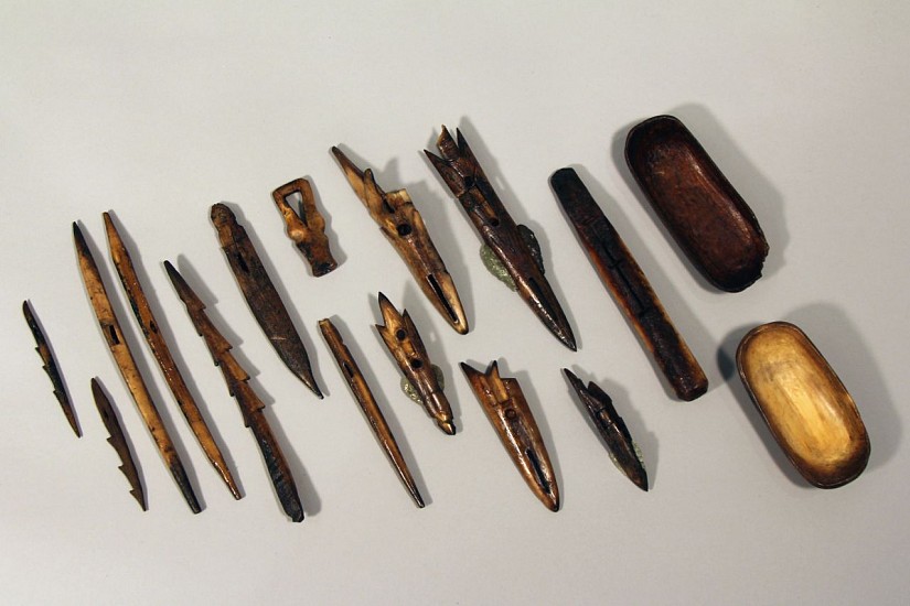 OBS Anonymous, Collection of harpoon points, shafts, and tools, OBS
NOT FOR SALE.
A collection of Old Bering Sea tools, including harpoon points, socket pieces and ritual bowls, found together. These almost certainly were the tools of one hunter.
03160-2