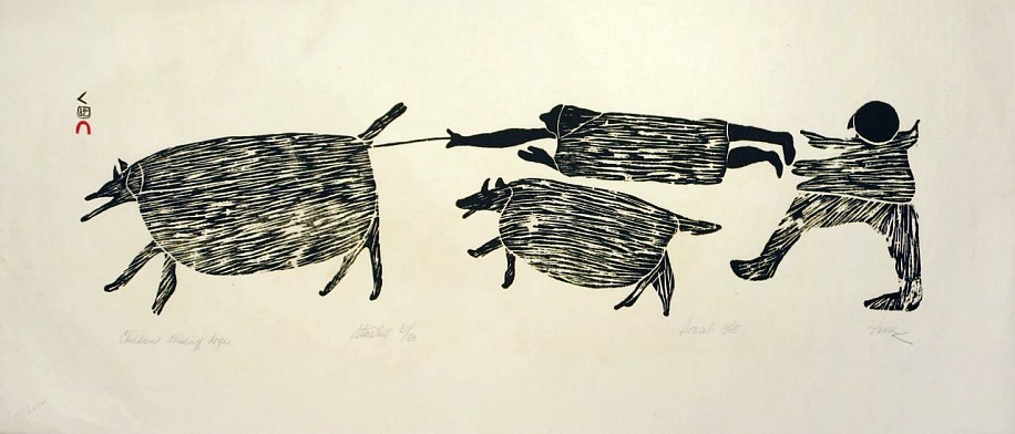 Parr, Children chasing dogs, 31/50, 1965
13 3/4 x 30 1/2 in.
Parr's prints stand out among the early Cape Dorset prints, with their bold black-and-white textures (thanks to sensitive interpretation of Parr's pencil drawings by the printmaker, in this case Iyola Kingwatsiak) and complete disdain for scale. Many of Parr's prints show hunting scenes; this print is a light-hearted departure, showing children chasing dogs.   

1857-1