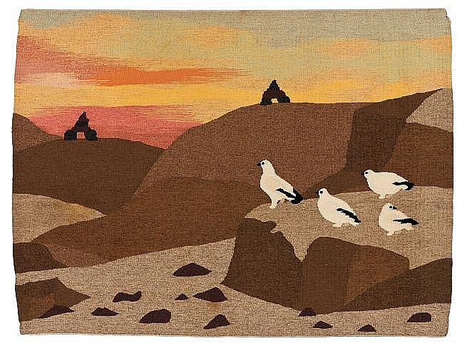 Malaya Akulukjuk, Sunrise at Tanaqaaq, 9/20, 1988-89
Wool, 40 1/2 x 54 in. (102.9 x 137.2 cm)
Malaya Akulukjuk was the Jessie Oonark of Pangnirtung. She 
produced many hundreds of drawings, with thirty-five turned 
into prints. Moreover, her images completed dominated the 
tapestry weaving program during her lifetime. She was a 
strong-willed woman who loved to hunt, and was reputed to be 
a shaman. While many of her images represent various aspects 
of the spirit world, she also created designs for a number of 
beautiful large landscapes for the weaving studio in the last 
ten years of her life. Another copy of this tapestry is 
displayed in the halls of the House of Commons in Canada's 
Parliament Buildings.
The weaver is Igah Etuangat (1943-  )
01078-1