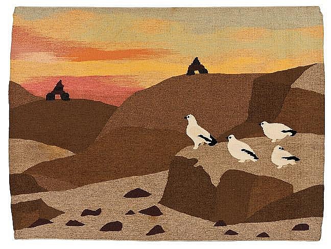 Malaya Akulukjuk, Sunrise at Tanaqaaq, 9/20, 1988-89
Wool, 40 1/2 x 54 in. (102.9 x 137.2 cm)
Malaya Akulukjuk was the Jessie Oonark of Pangnirtung. She 
produced many hundreds of drawings, with thirty-five turned 
into prints. Moreover, her images completed dominated the 
tapestry weaving program during her lifetime. She was a 
strong-willed woman who loved to hunt, and was reputed to be 
a shaman. While many of her images represent various aspects 
of the spirit world, she also created designs for a number of 
beautiful large landscapes for the weaving studio in the last 
ten years of her life. Another copy of this tapestry is 
displayed in the halls of the House of Commons in Canada's 
Parliament Buildings.
The weaver is Igah Etuangat (1943-  )
01078-1