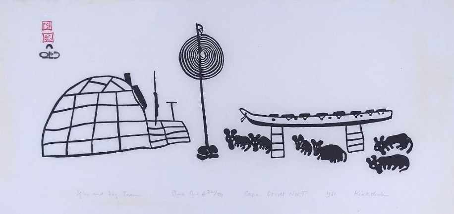 Kiakshuk, Igloo and Dog Team, 32/50, 1961
12 1/4 x 24 in.
ex coll.  Albrecht Collection of Arctic Art.
Kiakshuk excelled in depicting scenes from daily life.  Here, the dog team huddles around the komatik, or sled, while the harness is neatly coiled on a pole.  The igloo provides a perfect counterpoint -- cool and geometric -- to the dark animal forms of the dog team.  It provides an excellent contrast to Pitseolak Ashoona's "Man Repairing a Sledge," which features the same elements.
03734-1