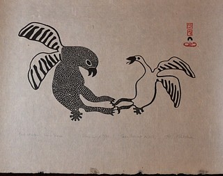 Kiakshuk, Owl attacking snow goose, 10/50, 1961/8, 1961
Stonecut, 12 1/2 x 16 in. (31.8 x 40.6 cm)
Printer:  Lukta Qiatsuq, 1928-2004
This stonecut is a complete departure from Kiakshuk's scenes of daily life.  The hapless goose squawks in terror, about to be fast in the owl's talons.  The owl's feathers are intricately patterned, in contrast to the white snow goose, visually suggesting a struggle between the forces of light and darkness.   

03729-1