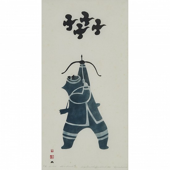 Niviaksiak, The Archer, 41/50, 1960
24 x 12 in.
The Archer is one of Niviaksiak's iconic images.  The archer's intense concentration on the flock of birds overhead is palpable.