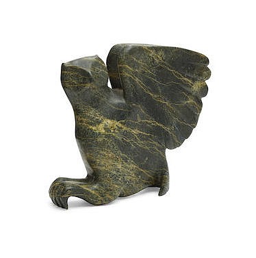 Ashevak Tunnillie, Perched owl
Stone, 13 x 14 x 3 in.
A majestic perched owl by Ashevak Tunnillie, exhibiting the sweeping, fluid forms for which he was known.  Ex coll. Wendy and Les Fisher.
03537-1