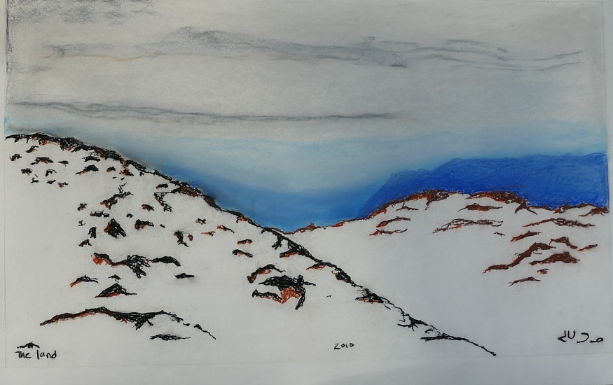Jutai Toonoo, The Land, 2010
27 1/8 x 42 7/8 in.
This is an unusually lyrical drawing by Jutai Toonoo, who was known more for his strong, often tortured portraits.  However, Jutai was born on the land and made a series of landscapes that revealed a deep love for the Arctic landscape.
03550-1