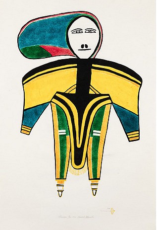 Jessie Oonark, Woman, 13/50, 1970
31 1/2 x 21 1/2 in.
Considered important enough to grace the cover of the 1970 inaugural Baker Lake print catalogue, Oonark’s magnificent Woman rivals Kenojuak’s The Enchanted Owl as an icon of Inuit graphic art.

This bold composition manifests Oonark’s burgeoning talent as a colorist, and highlights her strong interest in clothing design as a major source of inspiration. In Woman, Oonark takes considerable liberties with both scale and perspective to emphasize the traditional amautiq’s capacious hood and shoulders. In her drawing (in the collection of the Winnipeg Art Gallery), Oonark translates three dimensions into a carefully orchestrated arrangement of flattened shapes interlocked in a planar fashion. The bold simplicity of Woman belies the complexity and sophistication of this image, which is still considered to be one of Oonark’s greatest achievements.


Printmaker Thomas Mannik masterfully translated Oonark’s drawing, employing careful variations of yellow to articulate the contrasting shades of the caribou skin. Presenting an impressive knowledge of colour theory, bands of associated green and blue ornament the woman’s garments. These colours are repeated in the figure’s dramatically sweeping hood, where they are contrasted against two blazing shocks of red. 


This particular edition of Woman has retained its colouration extraordinarily well and the inks appear as fresh and vibrant and they the day they were pulled. This is especially remarkable when you consider that both red and yellow are known as fugitive inks.

References: Woman is featured on the cover of the inaugural Baker Lake print catalogue of 1970. This image has been extensively reproduced, including in Ernst Roch ed., Arts of the Eskimo: Prints, (Montreal/Toronto: Signum/Oxford, 1974), pp. 196-197; The Inuit Print (Ottawa: National Museum of Man, 1977) cat. 114, p. 200-1; Sheila Butler, “The First Printmaking Year at Baker Lake,” The Beaver, Spring 1976, p. 25, printed in Alma Houston, ed., Inuit Art: An Anthology, (Winnipeg: Watson & Dwyer, 1988), p. 109; Bernadette Driscoll, The Inuit Amautik: I Like My Hood To Be Full, (Winnipeg: Winnipeg Art Gallery, 1980), pl. 94, p. 67; Darlene Coward Wight, Creation and Transformation: Defining Moments in Inuit Art, (Winnipeg: Winnipeg Art Gallery, 2012), cat. 43; Inuit Art Quarterly, Summer 1998, Vol. 3, No. 3, cover. Both the original drawing by Oonark and the print are illustrated in Winnipeg Art Gallery, Baker Lake Prints & Print Drawings 1970-76, (Winnipeg: Winnipeg Art Gallery, 1983), p. 71.

*In the 1970 catalogue, as well as on the print, the work is indicated as a "stonecut" print. We suggest that the work is a stonecut and stencil print.
03553-1
