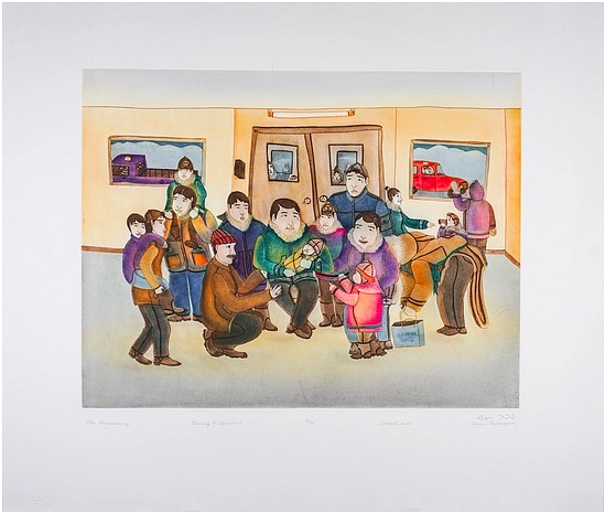Annie Pootoogook, The Homecoming, 5/50, 2006
Etching and aquatint, 31 1/2 x 36 1/2 in.
This etching and aquatint is from the peak year of Annie Pootoogook's career, when she won the prestigious Sobey Art Award. It shows a joyous family reunion at the Cape Dorset airport, evoking the warmth of the extended family.
03562-1