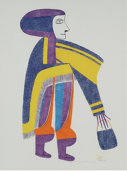 Jessie Oonark, Big Woman, 30/46, 1976
Stencil, 35 x 26 in. (88.9 x 66 cm)
This is one of two iconic images of women that Oonark produced (the other is titled simply Woman, inventory number 3553-1). Oonark was fascinated both by color and by the form of the Inuit amaut (woman's parka).  She is unconstrained by scale and perspective, emphasizing the sweep of the amaut and its high cut at the sides, showing most of the leg.  She freely uses bright colors, with yellow, red purple and teal blue predominating. There is no question that her subject is strong and resilient.
03567-1